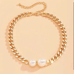 Gold Link Pearl Chain Choker Necklace